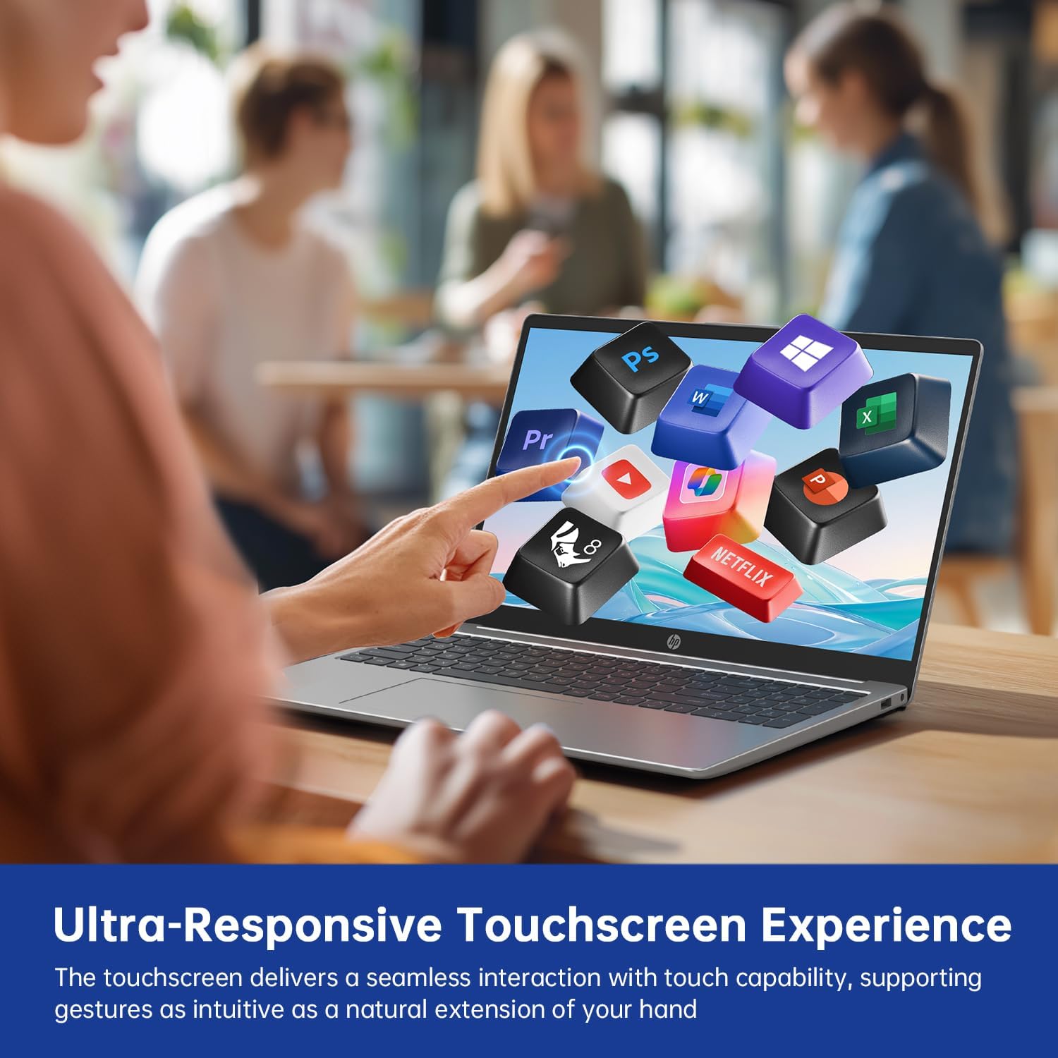 Image of a hand interacting with the laptop's touchscreen, showing various application icons.