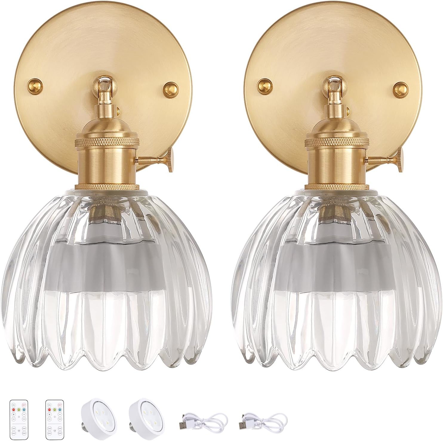 Vintage Battery Operated Wall Sconce with Transparent Tulip Glass Lampshade Rechargeable Battery Powered Wall Light with Remote Control for Bedside Bedroom Doorway, Set of 2 Tulip Clear Battery Operated 2 pack