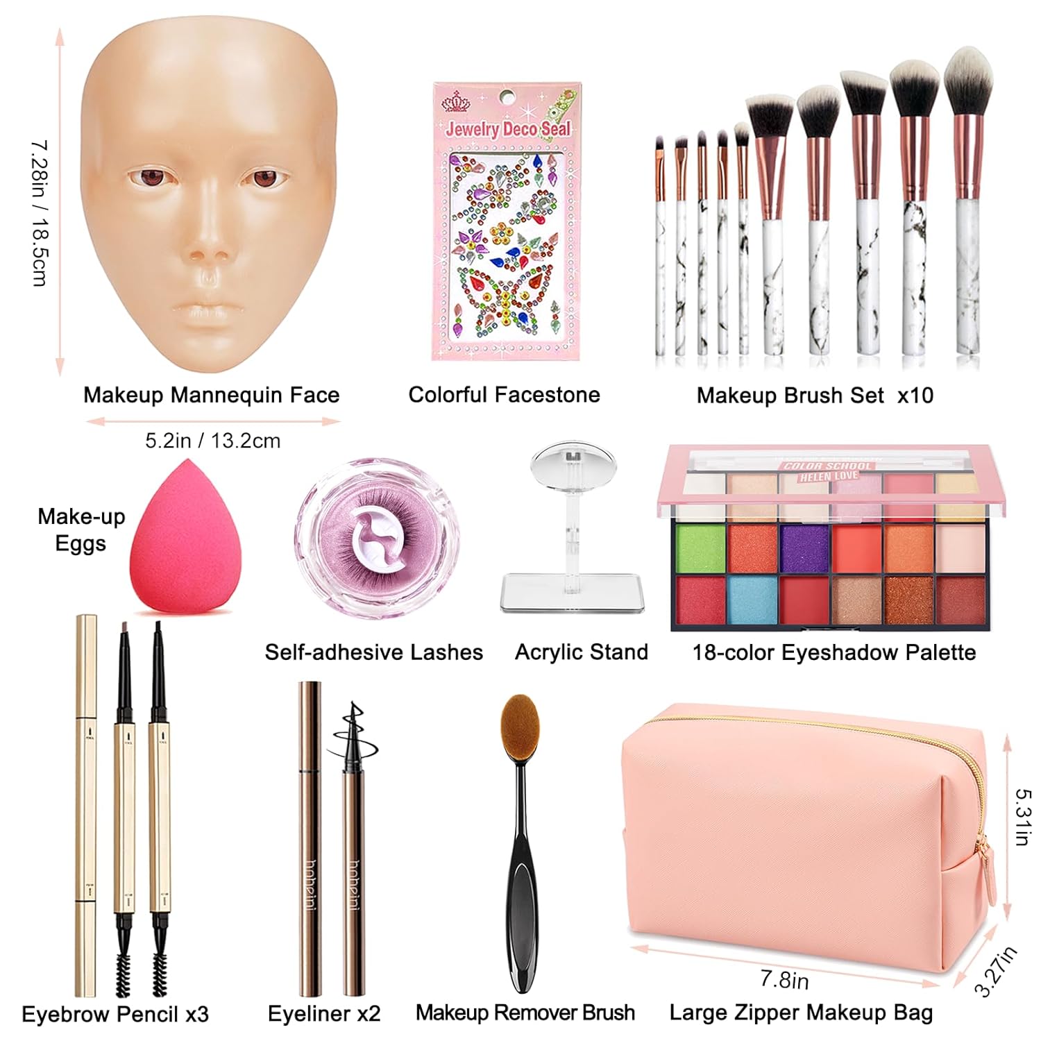 Silicone Makeup Practice Board - Full Face Mannequin with Makeup Kit, Face Gems, Brushes - Perfect for Beginners & Professionals - Image 5