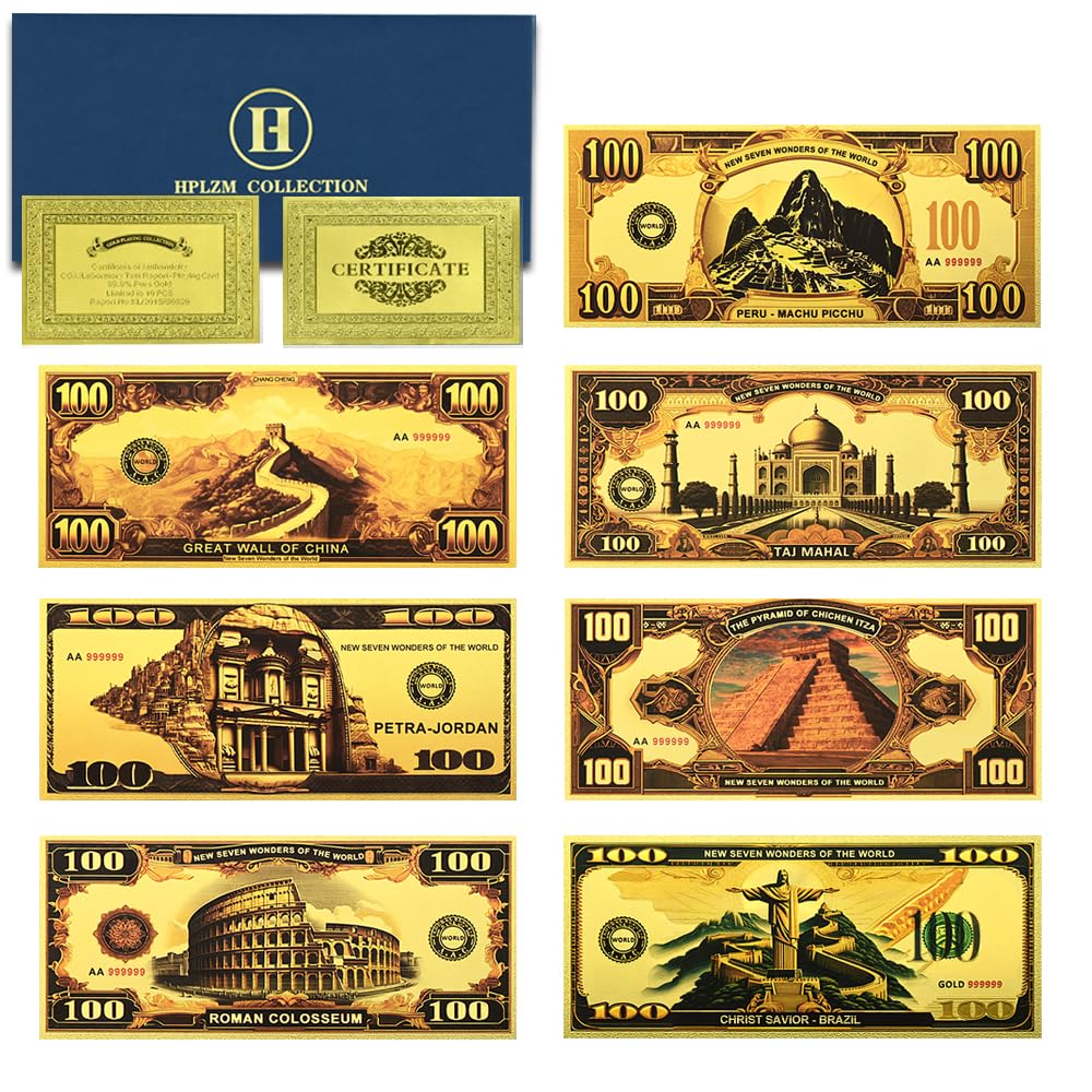 Mercollection 7pc/Set Seven Wonders of The World Gold Foil Banknote Pyramid,Christ Like, Taj Mahal,Great Wall, 100 Dollar Plastic Money Gift