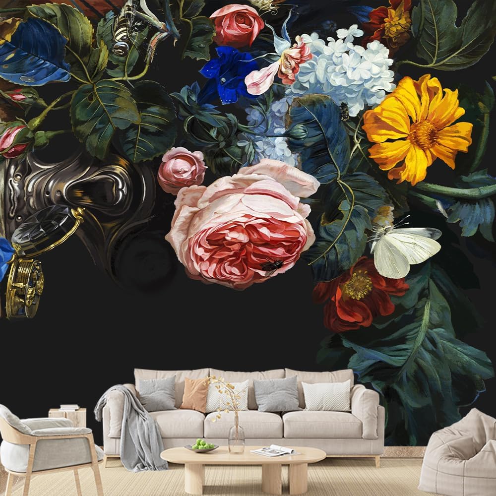 Vintage Floral Wallpaper Multicolor Botanical Floral Wallpaper Modern Bedroom Fashion Large TV Background Wall Art 3D Murals Living Room Decoration Mural 151"x105" (Self-Adhesive Mural)