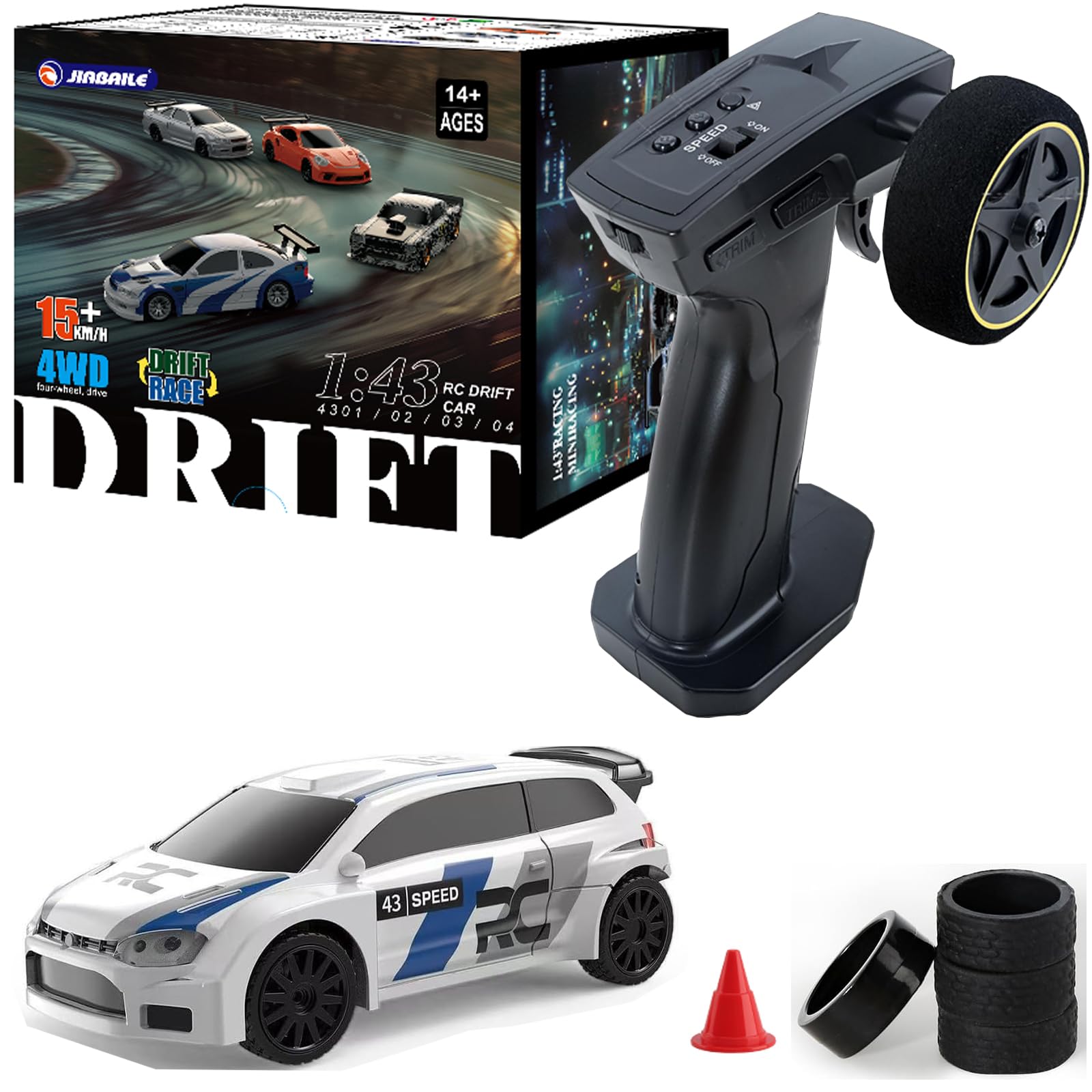 1/43 Mini RC Drift Car 2.4GHz RTR Full Proportional Remote Control Rally Sport Cars 4WD High Speed Racing Lights Kit and Racing Tires (4307)