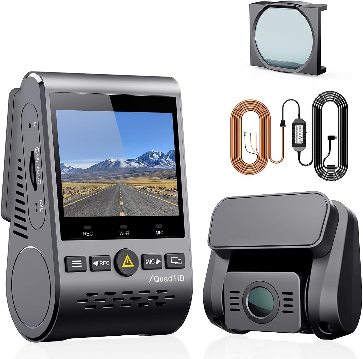 Paquete de cámara de tablero dual VIOFO 2K - A129 Plus Duo con 1440P frontal y 1080P trasero, GPS, HDR, kit de modo de estacionamiento para protección de bajo voltaje y filtro CPL para reducir el brillo y mejorar el color