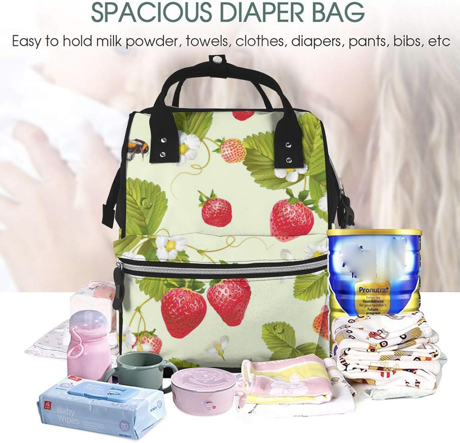 Elegant Lovely Strawberry Print Mummy backpack Large, Waterproof,Adjustable Straps for Outdoor Activities