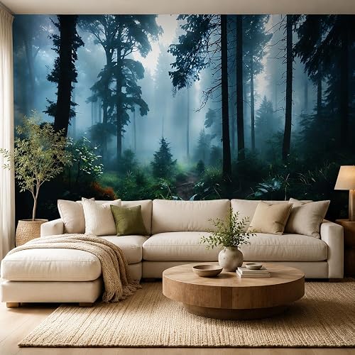 Forest Nature Wallpaper, Misty Pine Trees with Sunlight, Green Woodland