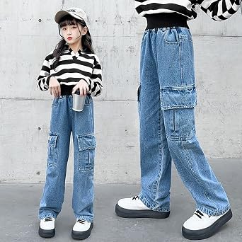 4-14 yrs Kids Girls Cargo Jeans Ripped Distressed Denim Pants Elastic Waist Baggy Trousers