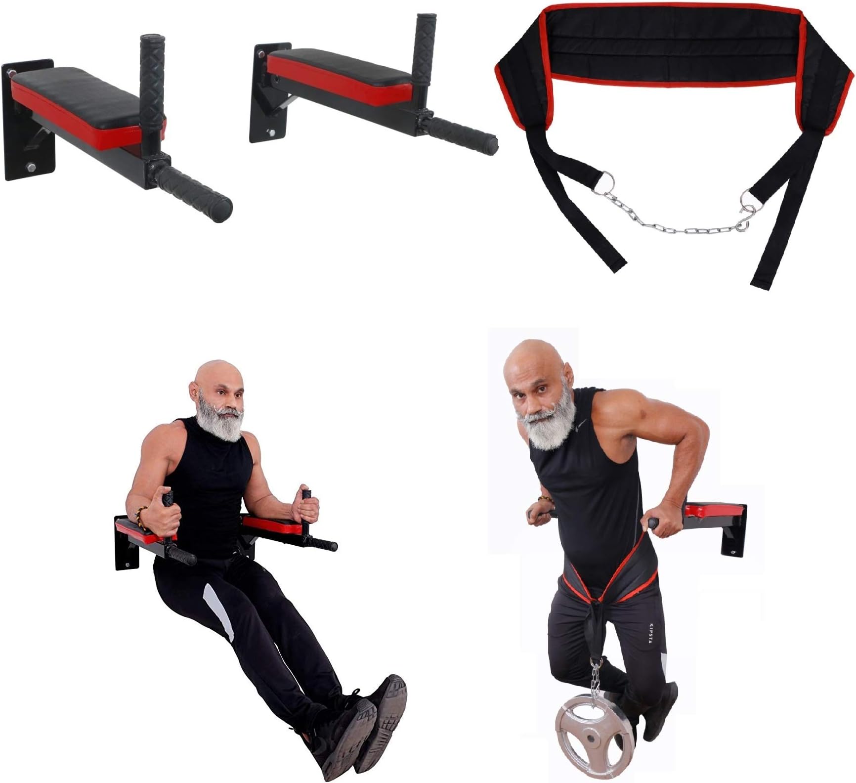 IBS Wall Mounting Multi Solid Dips Bar with Weight Lifting Belt, Leg Raise and Multiple Adjustable Exercises for Home and Gym (Black)