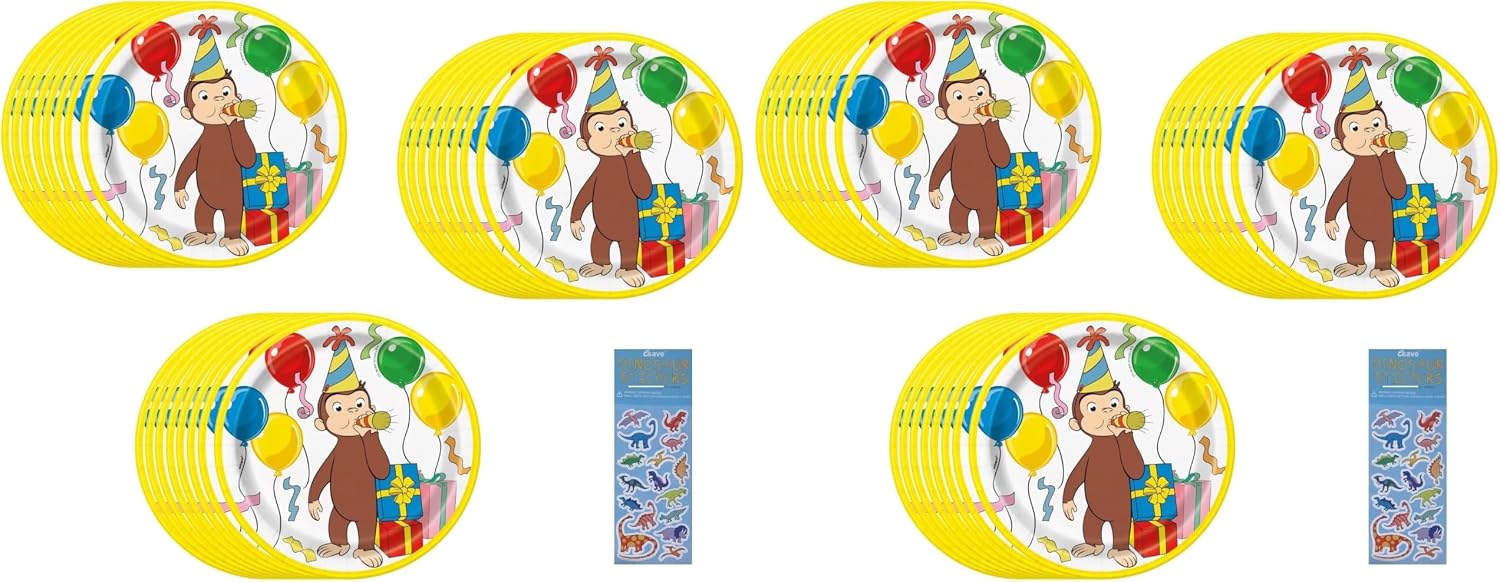 Unique Curious George Party Supplies Bundle Pack for 24 includes 24 Dessert Cake Plates and 1 Dinosaur Sticker Sheet