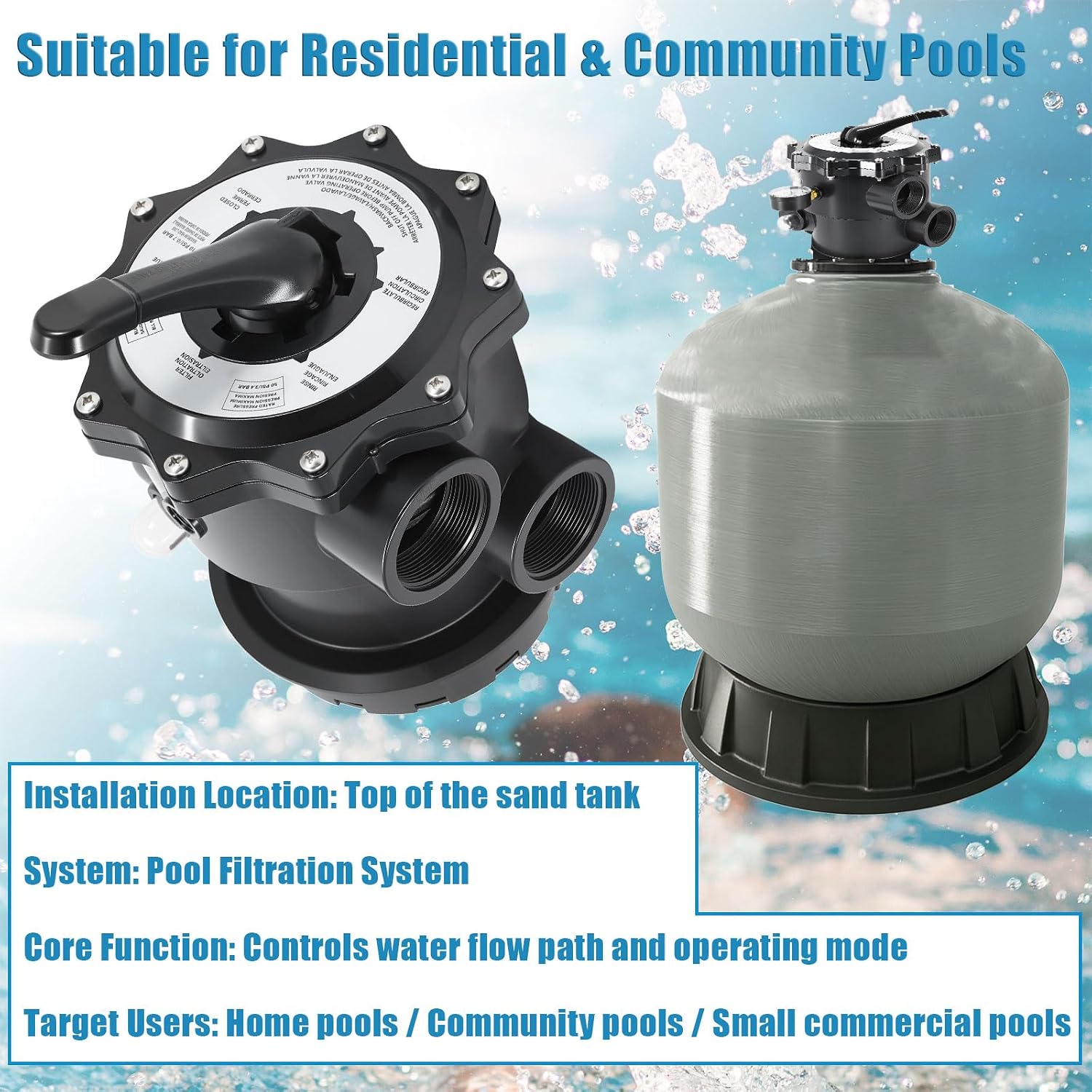 SP071620T 2'' Top-Mount Multiport Valve, Compatible with Hayward Pro Series S270T2 / S310T2 / S360T2 Sand Filters, with Clamp & O-Ring