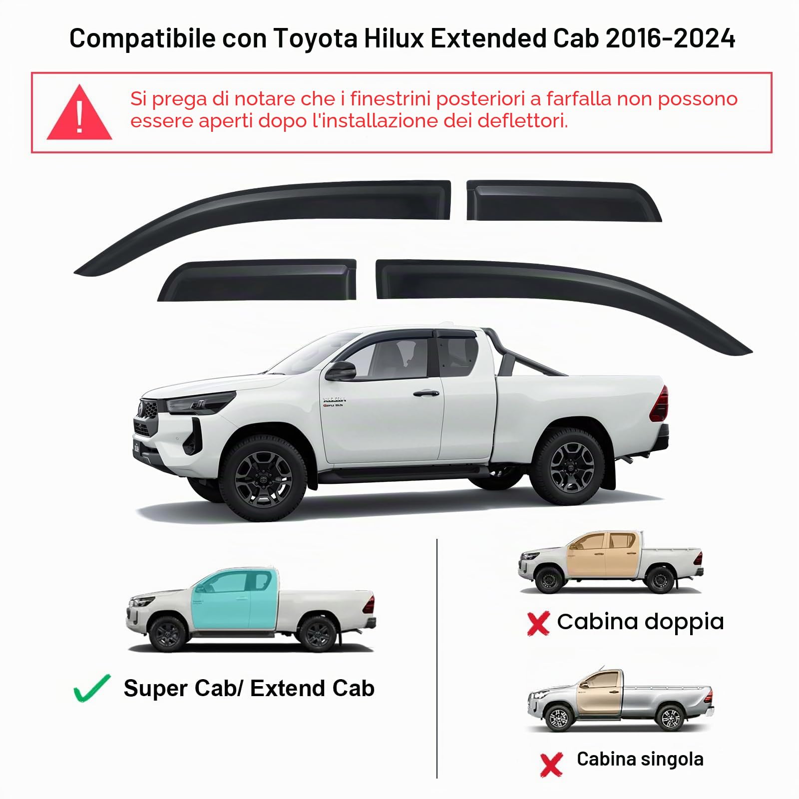 Deflettori d'Aria Deflettori Pioggia per Toyota Hilux 2016-2024 Hilux AN110 AN120 AN130 Super Cab