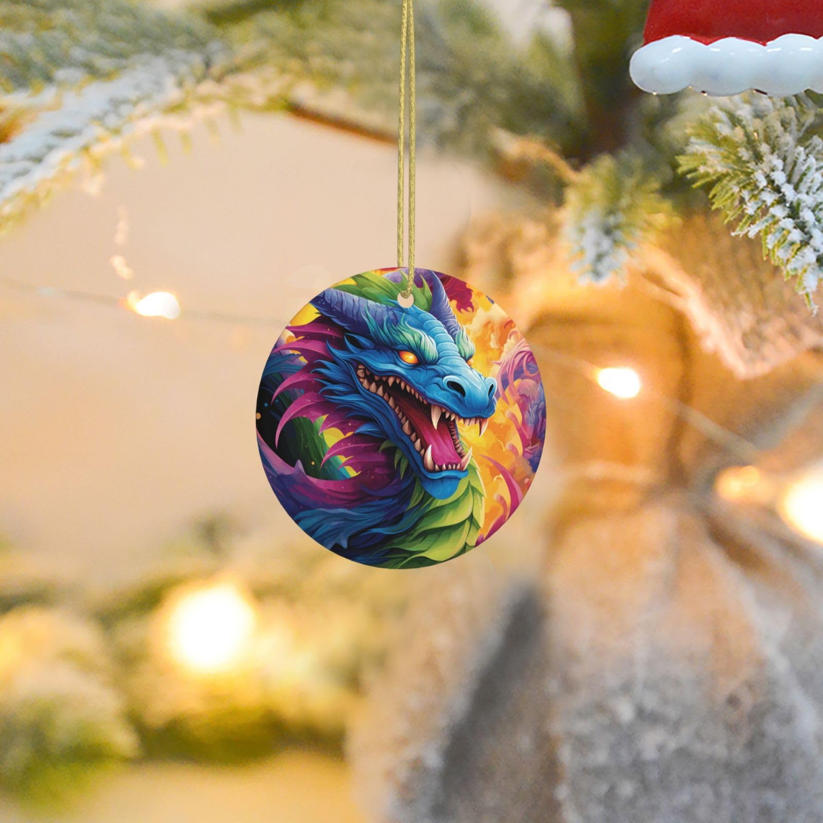 Christmas Tree Ornaments Ceramics Christmas Round Decorations Colorful of Dragons Ceramics Ornaments Circle Pentagram Xmas Tree Hanging Pendant for Christmas Tree Party Holiday Home Decor