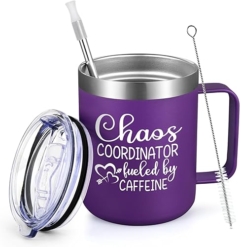 Qtencas Jefe Manager Gifts - Taza de café de acero inoxidable con cafeína y coordinador del caos, regalo de cumpleaños, regalos de Navidad para