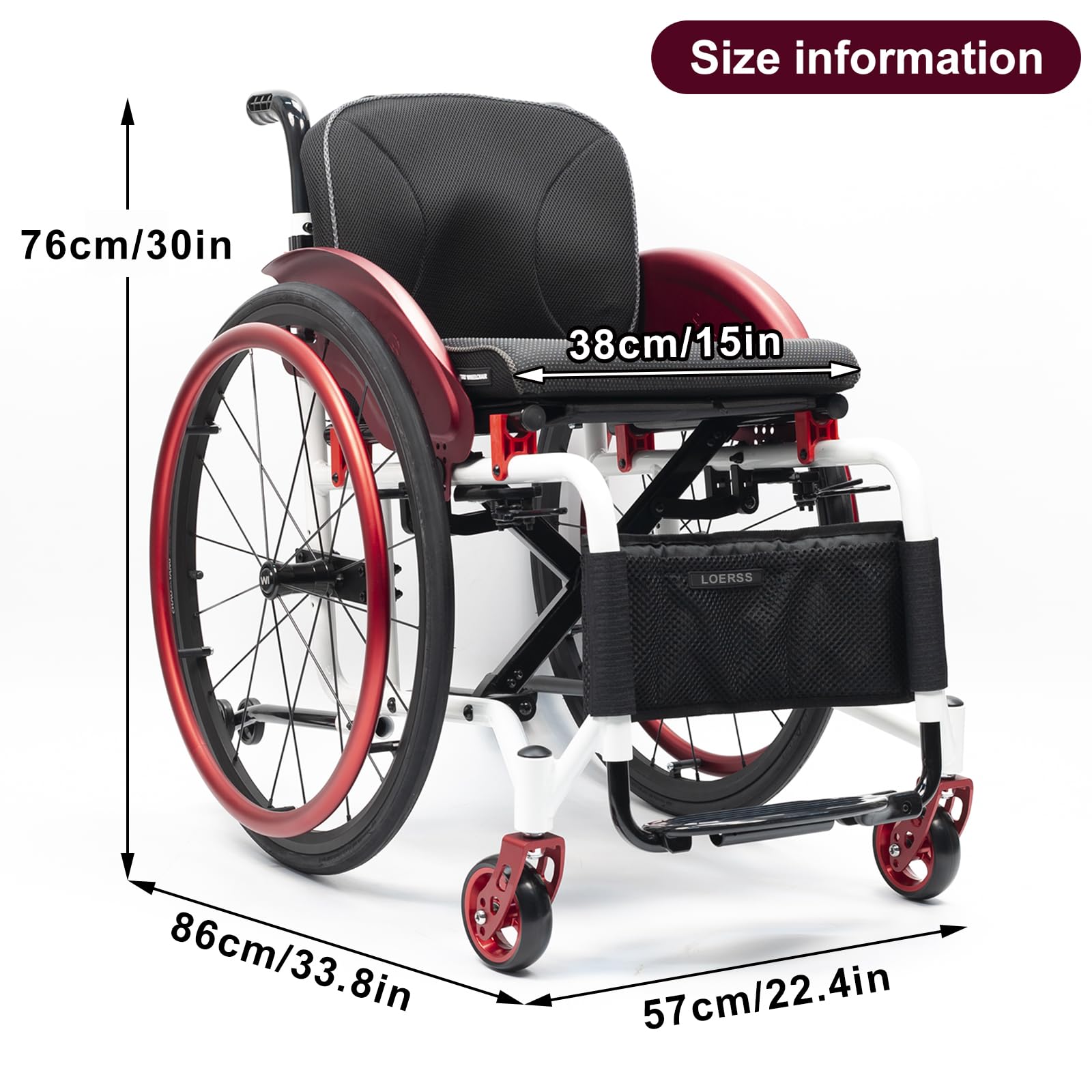 Manuale Spetture Sport Sport su Sedia A Rotelle, Facile Pieghevole, Leggero, Tutto Il Terreno, Pesa Solo 13 kg, capacità di Carico 220lbs(38cm/15in,Black)