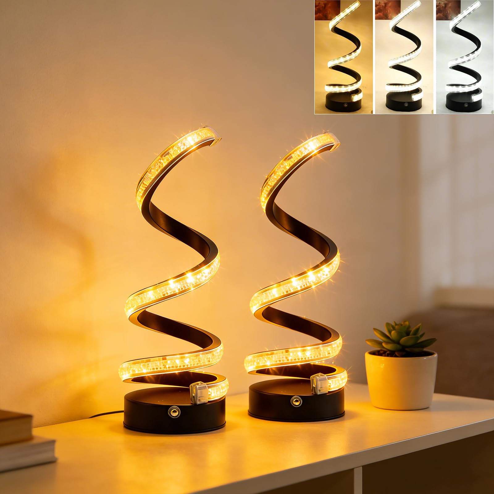 Sonhomay LED Modern Table Lamp Spiral Desk Light Minimalist 2 Pack 3 Colors Stepless Dimming Bedside Lamp USB Nightstand Lamps Curved LED Desk Lamp for Living Room Bedroom Office Decor — image 1