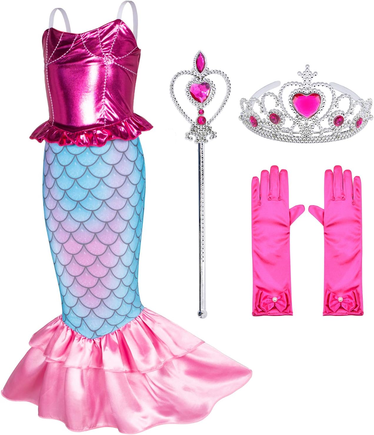 Party ChiliLittle Girls Mermaid Princess Costume for Girls Dress Up Party with Gloves,Crown Mace