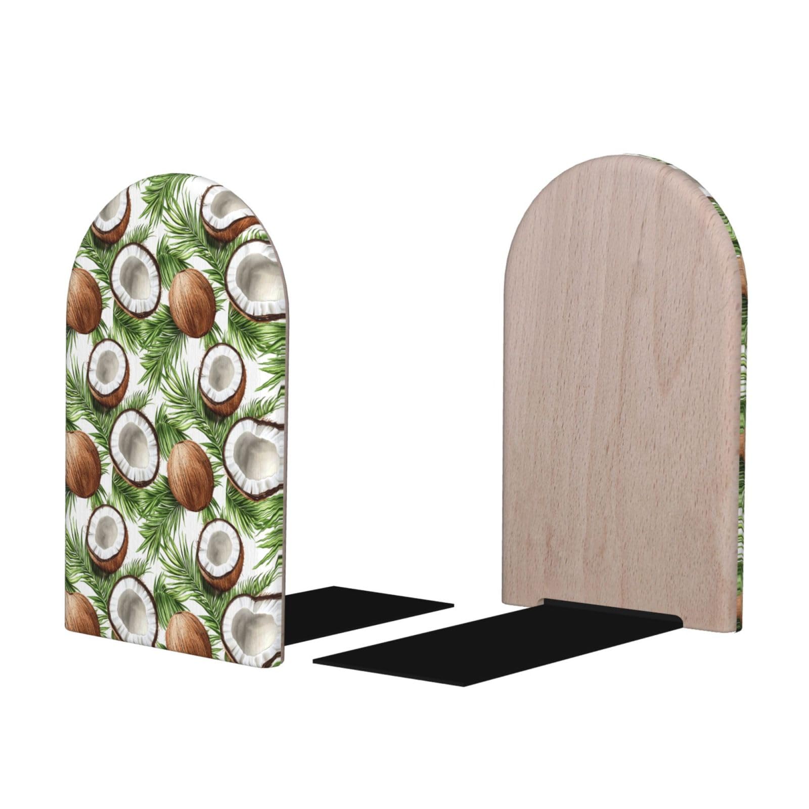 Summer Coconut Print BookEnds 1 Pair, Decorative Bookends for Heavy Books, Wood Book Ends for Shelves, Book Organizer for Home Desk Office Supplies