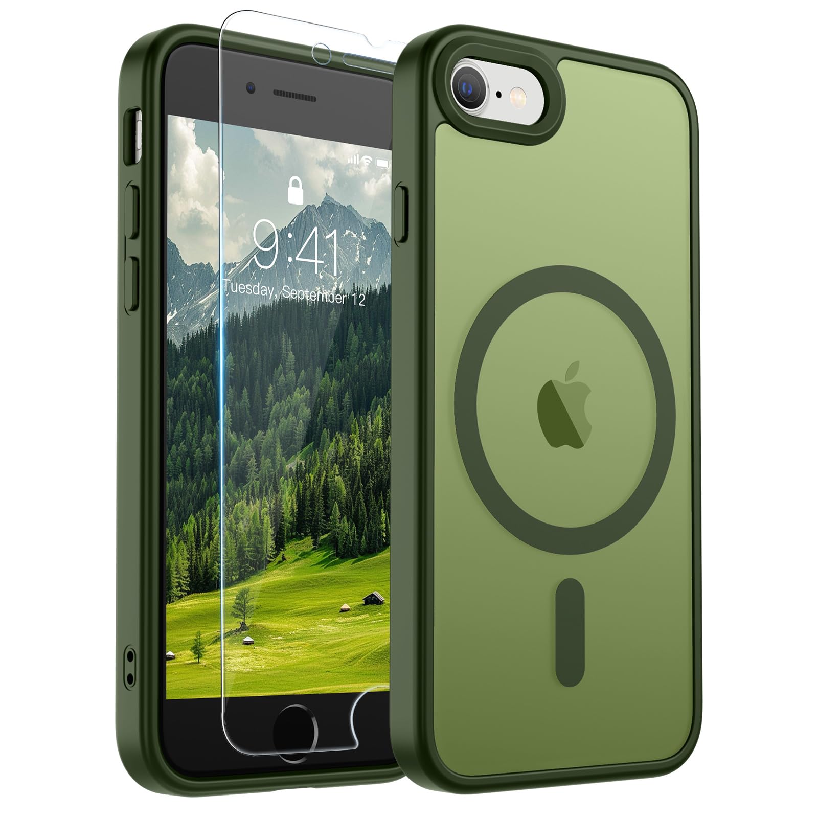 SUPFINE Magnetic for iPhone SE Case 2022 (3rd)/2020 (2nd), iPhone 8 Case | With Screen Protector, Translucent Matte, Compatible with MagSafe, Military Grade Drop Proof, Cangling Green