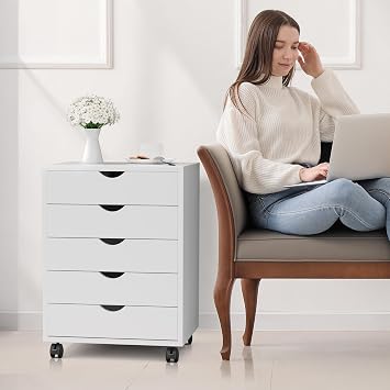 5 Drawer Chest, Storage Cabinet Dressers with Wheels, Dressers Storage Cabinets, Dresser Mobile Cabinet with Wheels, Room Organizer, Drawers Wood Organization Furniture for Office, Home, White