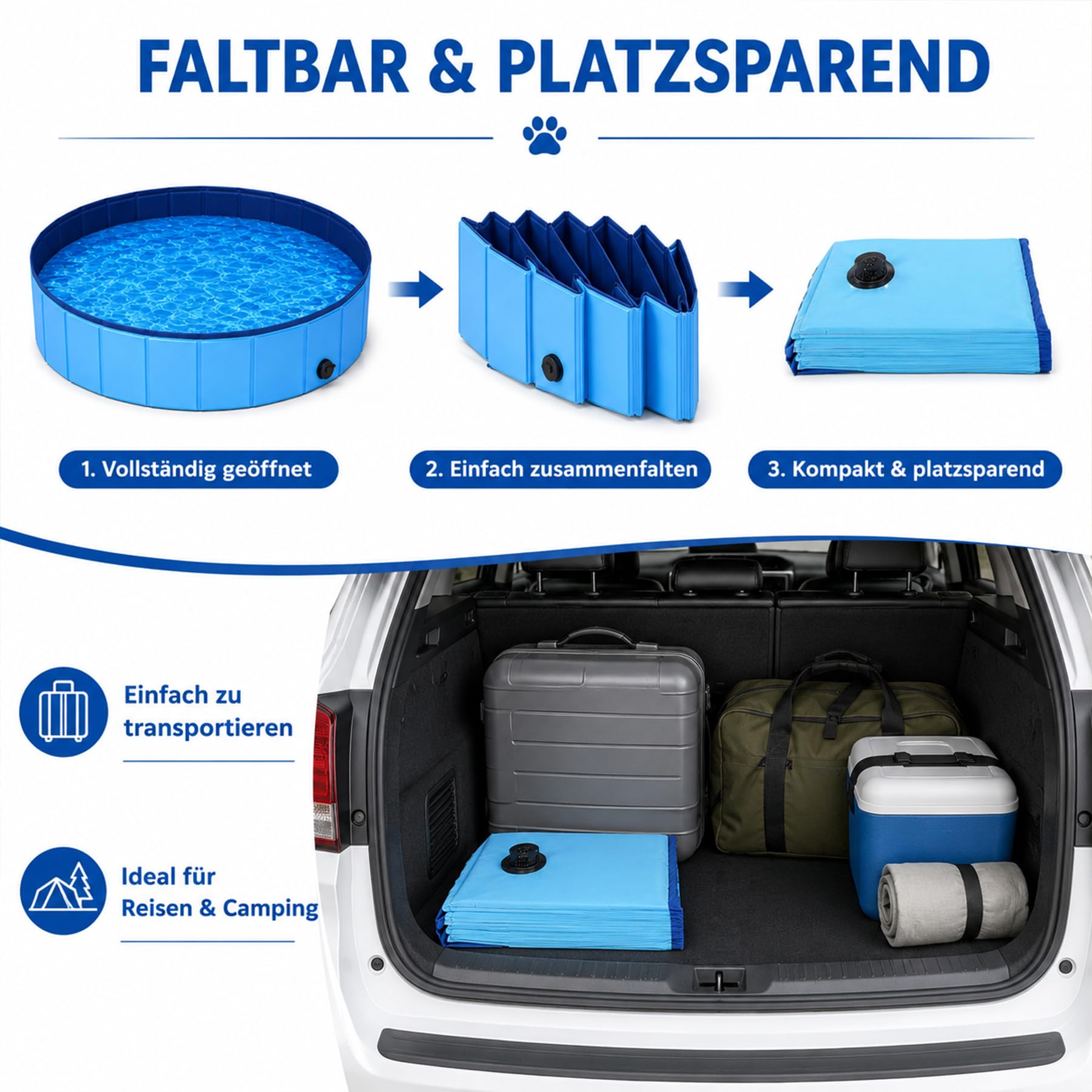 Hundepool Faltbar,120x30cm Faltbarer Pool mit Ablassventil,Swimmingpool Hundebadewanne Faltbarer,Planschbecken für Haustiere für Hunde und Katzen