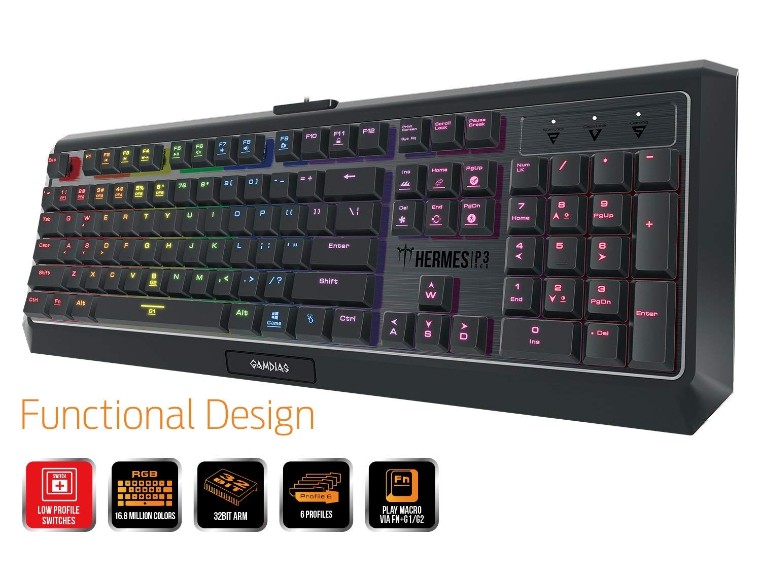 GAMDIAS Hermes P3 Black mechaniczna klawiatura USB Gaming 104 klawisze Low Profile RGB Switches niebieskie podświetlenie klawiatury układ UK