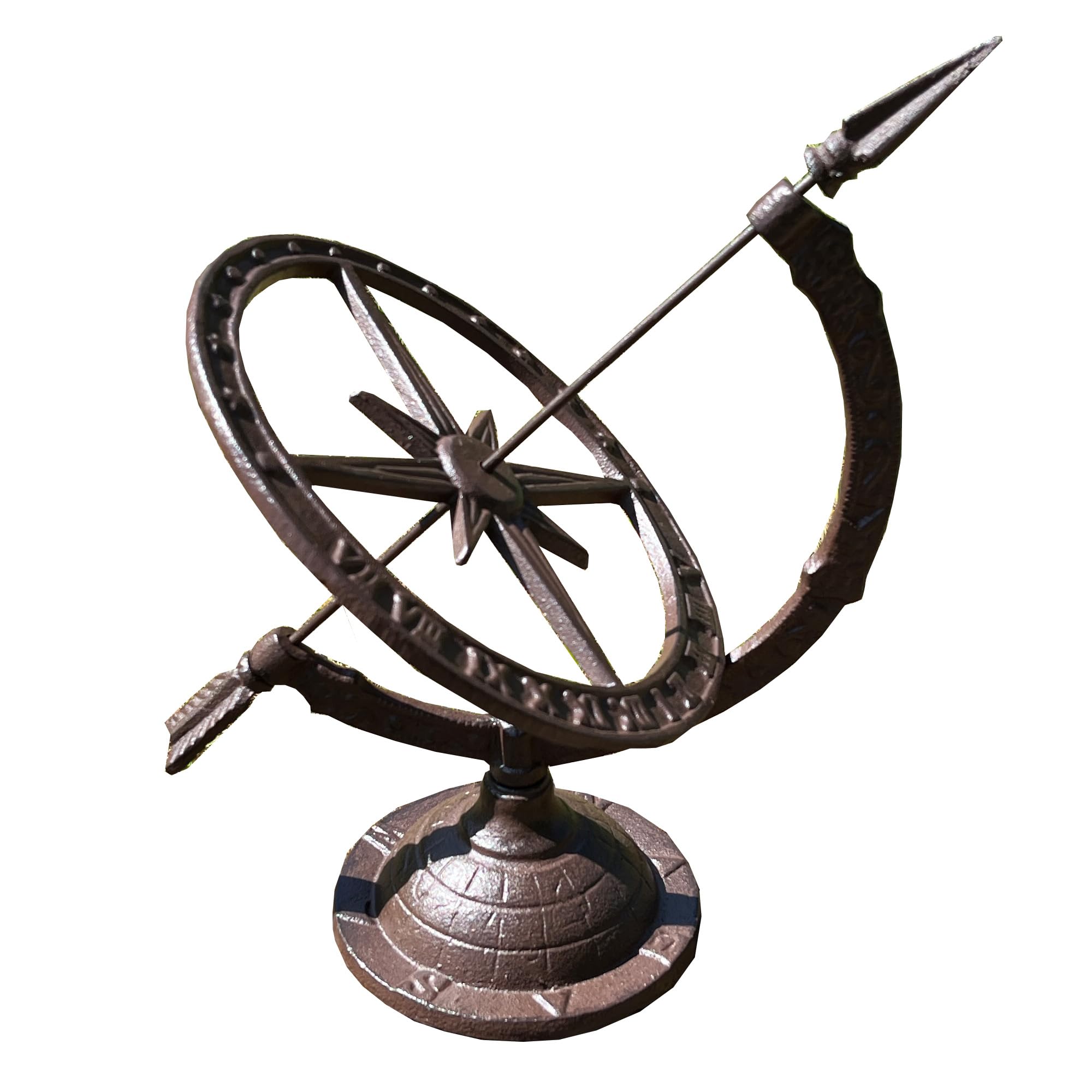 Alfie Francis 37cm Tall Rustic Brown Cast Iron Armillary Sphere Sundial Vintage Garden Ornament Outdoor Decoration Statue Sculpture Antique Style