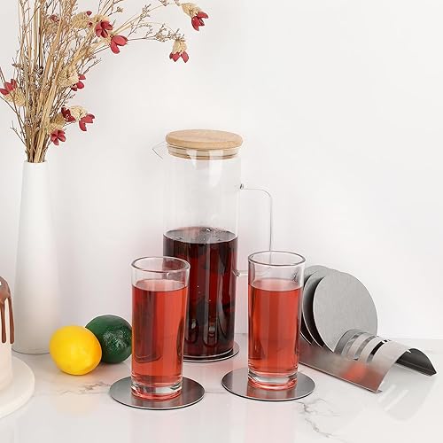 Miniatura 6 de JUXYES Juego de 6 posavasos redondos de acero inoxidable con soporte, juego de posavasos de metal plateado, impresionantes posavasos geniales para