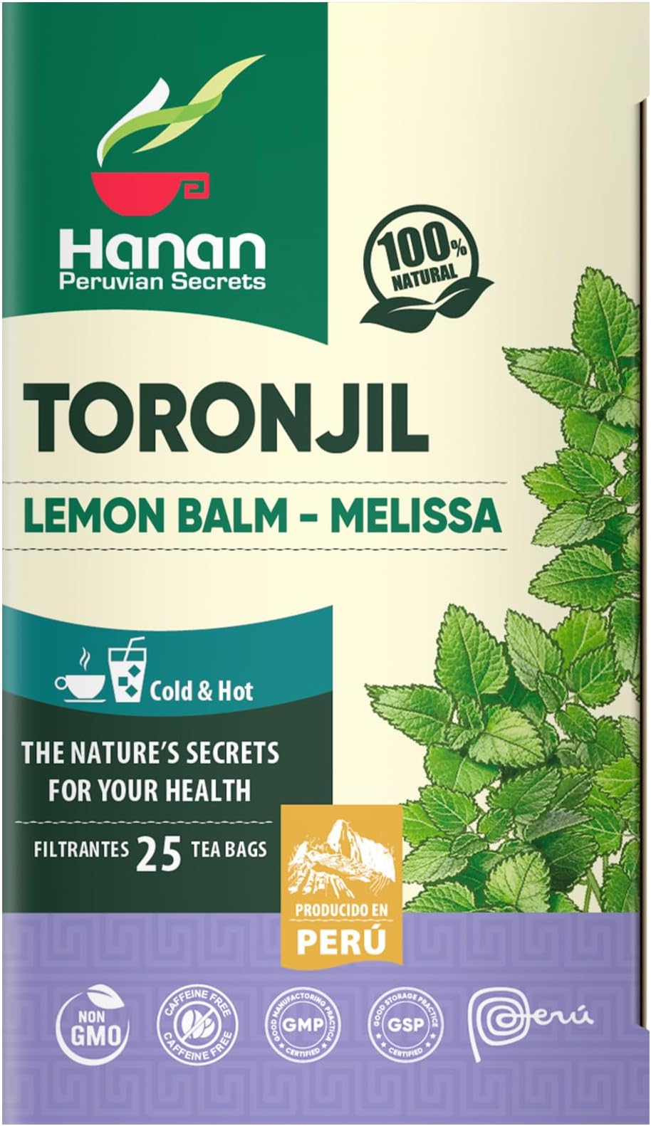 Hanan Peruvian Secrets Lemon Balm Tea (Toronjil) - 25 Teabags of Herbal Tea - Melissa Herb for Relaxing Herbal Tea - Natural Dried Plant Leaves from Peru (not extract) – Melissa officinalis