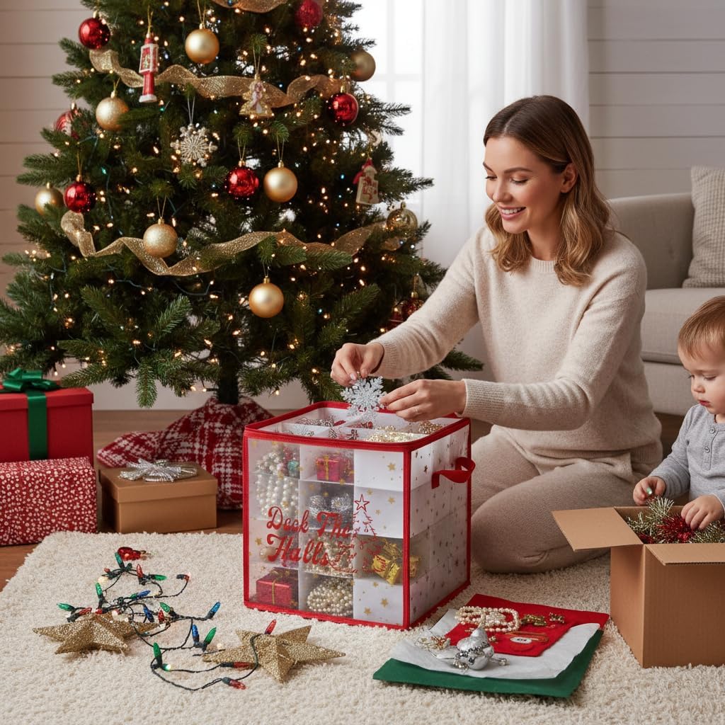 2-Pack Christmas Ornament Organizer Box with Adjustable Dividers for 64 Balls - Frosted Holiday Decor Storage Container, Space-Saving Plastic Christmas Ornaments Protection