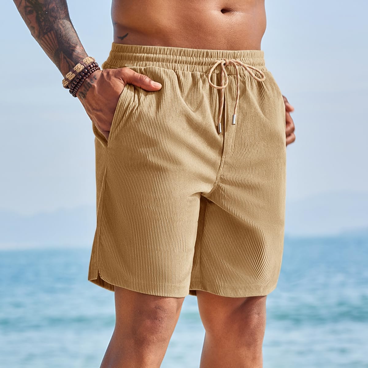 Yousify Men's Corduroy Shorts Casual Elastic Waist Drawstring Summer Beach Vacation Shorts with Pockets