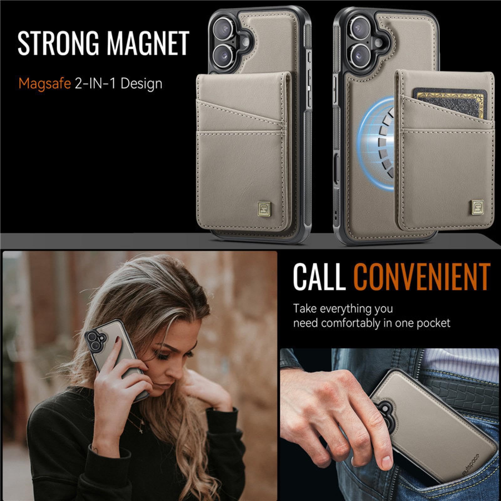 Für iPhone 15 Plus magnetische kabellose Ladehülle aus Leder mit Brieftaschen-Kartenfach und Klappständer (für iPhone 15 Plus/Pink)