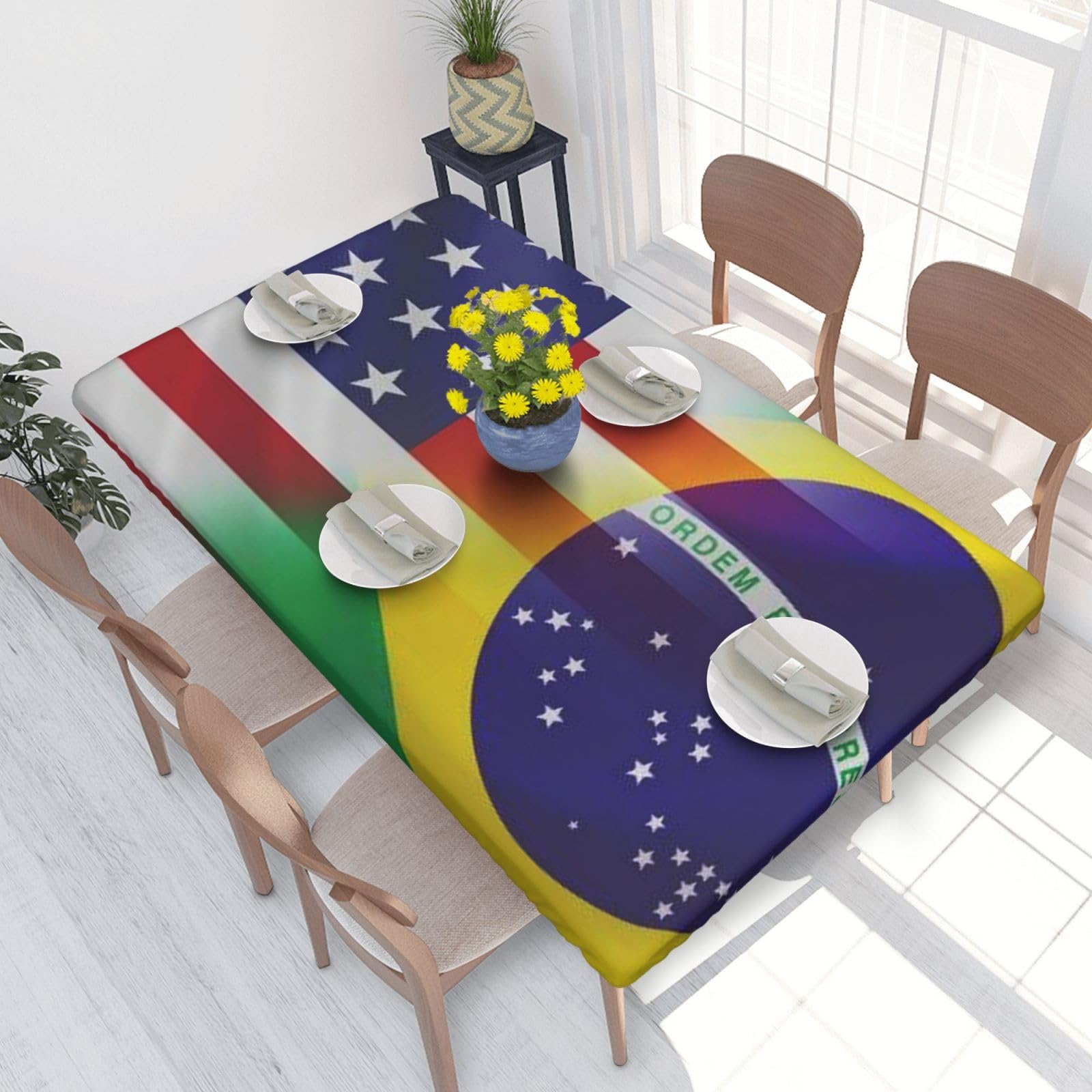 BNVSADC American and Brazilian Flags Printed 4FT Tablecloth 122x76 CM Polyester Kitchen Water Resistant Table Cloth Dining Table Decoration Table Covers