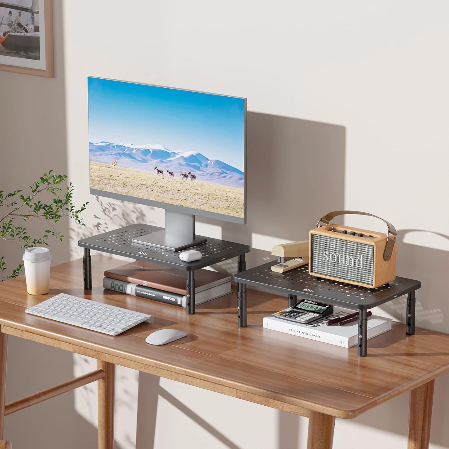 WALI Supporto per monitor del computer, 3 alzate regolabili in altezza, supporto per computer da scrivania in metallo, per ufficio, casa, scuola, 37 x 24 cm, confezione da 2, nero (STT003-2)