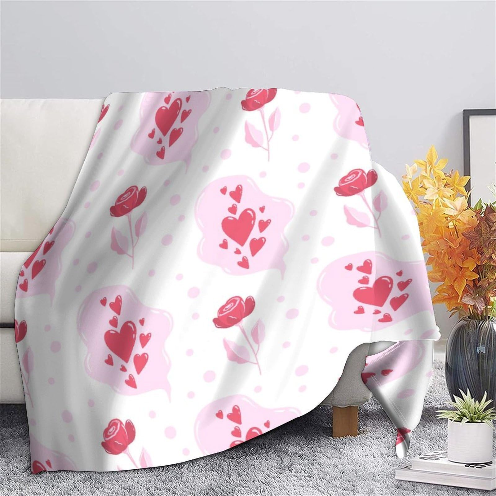 3D Gedruckte Herz Rosen Decke Mikrofaser Wohndeko Romantisches Muster Kuscheldecke Sofa Schlafzimmer Geschenk 80x90inch(200x230cm)