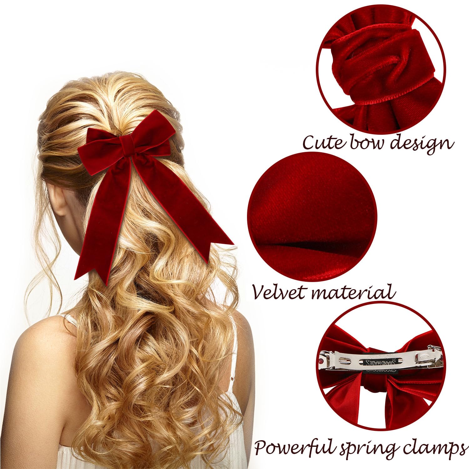 Velvet Bow Hair Clip for GirlsUHOMENY 4PCS Vintage Hair Bows Hair Barrette Big Bow Long Ribbon Hair pins Black Red Velvet Bow Hair Accessories for Girls Women - Image 3