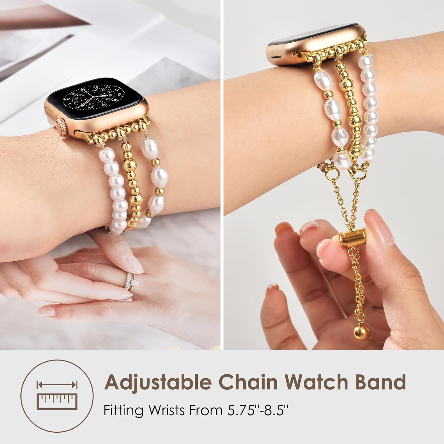QINGQING Pearl Beaded Bracelet Compatible for Apple Watch Band 38mm 40mm 41mm 42mm 44mm 45mm 49mm Dressy Gold Chain Wristband Adjustable for iWatch Bands Series 11/10/9/8/7/6/5/4/3/2/1/SE/Ultra Women