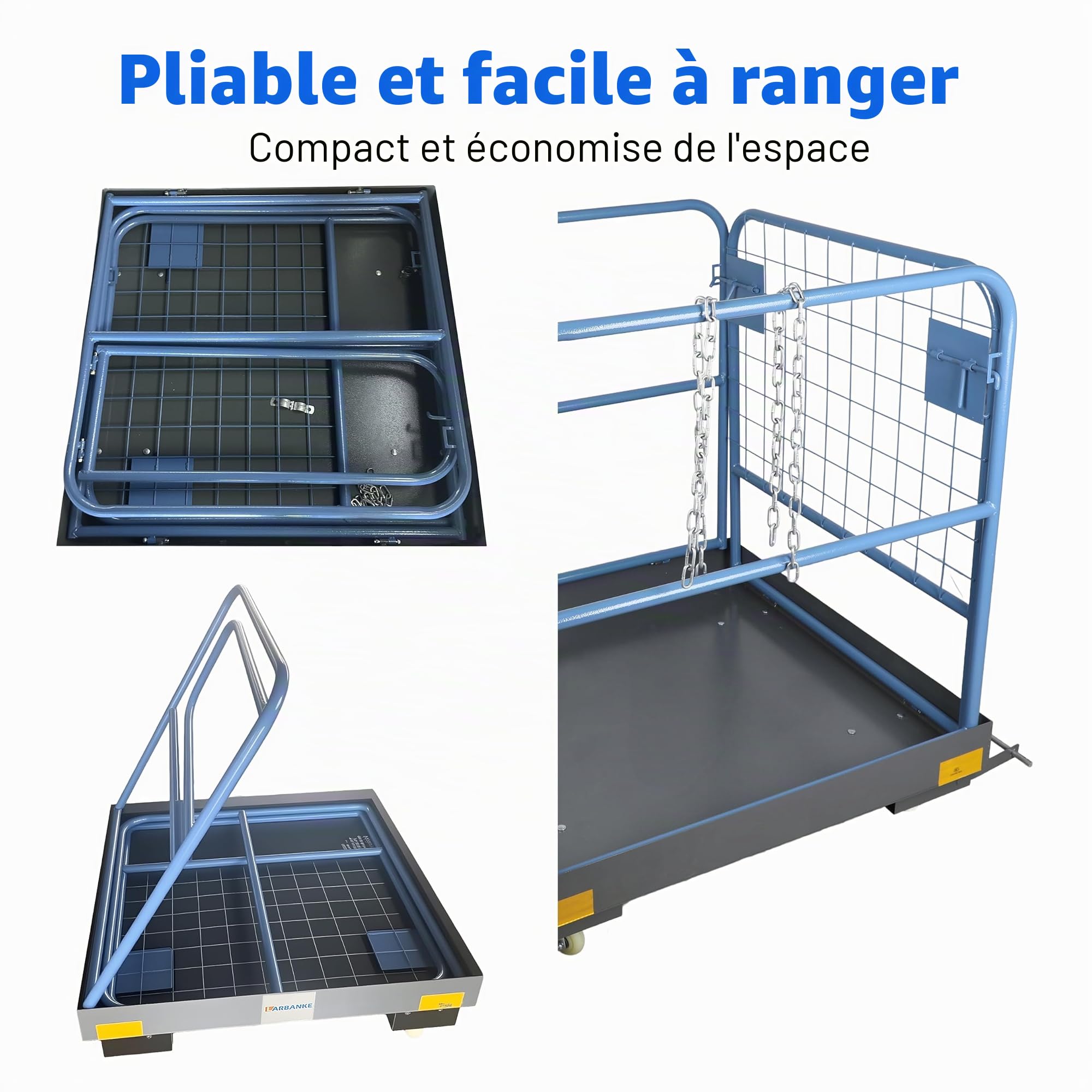 Cage de Sécurité Chariots Élévateurs pliable aux dimensions de 92 cm × 92 cm, d'une capacité de charge de 590 kg, équipée de roulettes silencieuses à verrouillage et d'une chaîne de sécurité