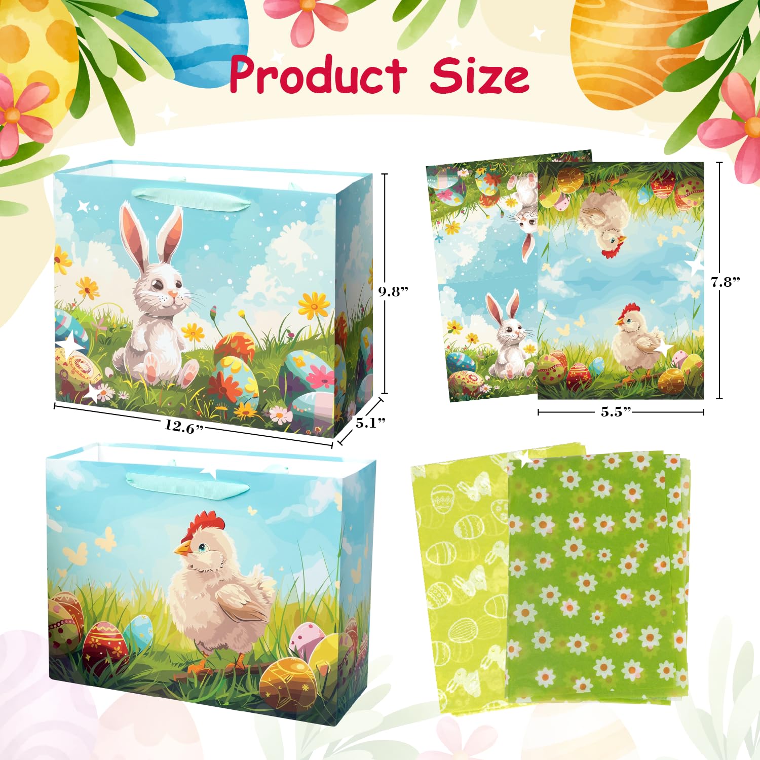 ysmile Torba na prezent wielkanocny z chusteczką do pakowania 33 cm duża wielkanocna papierowa torba z uchwytem dla dzieci, 2 szt