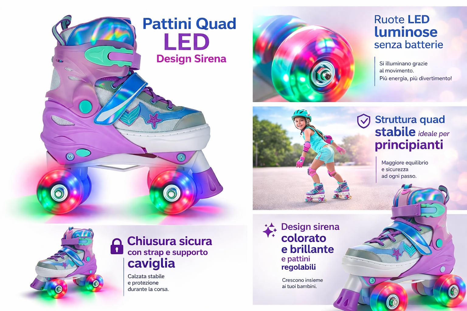 Pattini a rotelle Pattini bambina Regolabili Pattini a 4 Ruote,patini bambini 4 ruote luminosi per ragazze e ragazzi Altissima Qualità Modello Sirena Deluxy