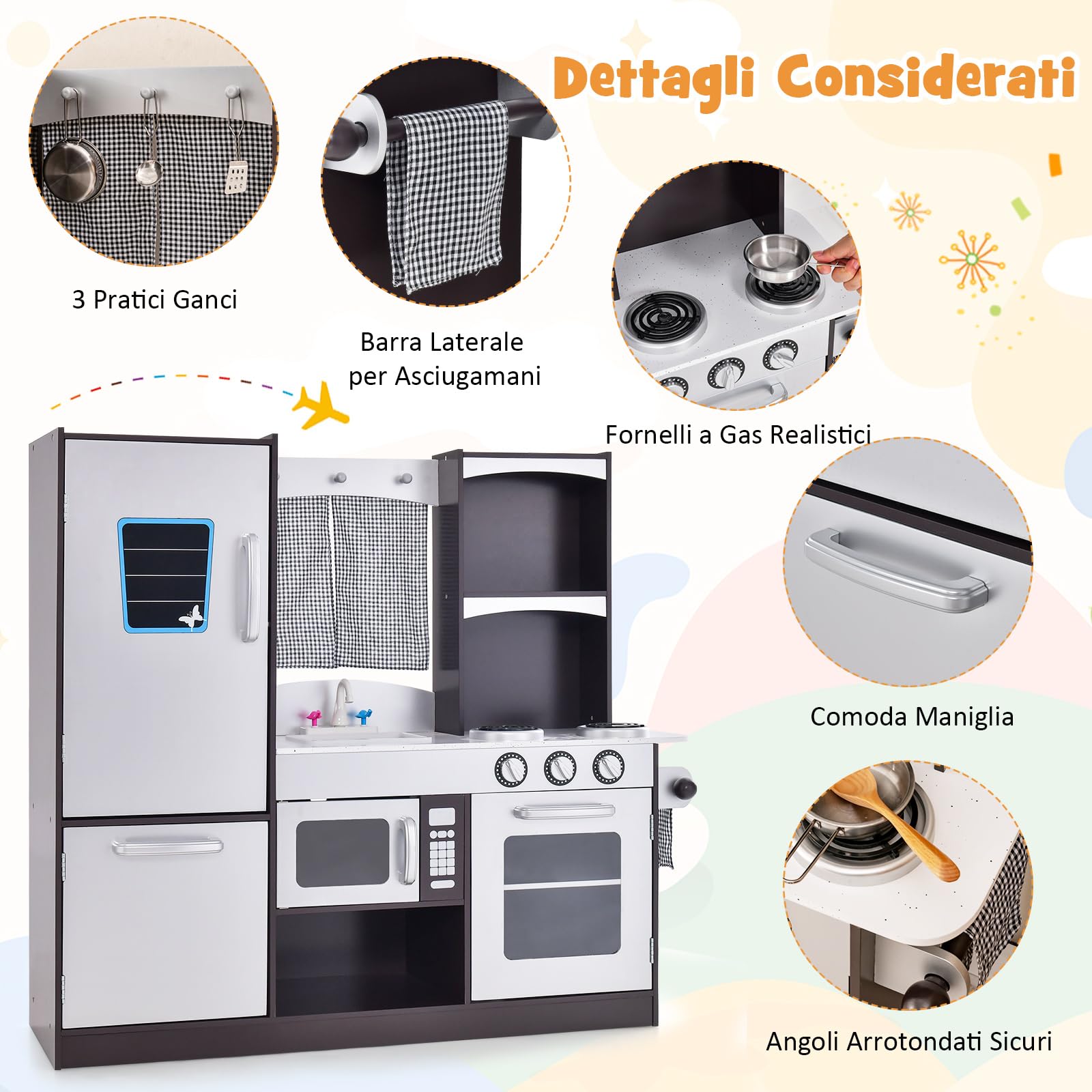 COSTWAY Cucina Giocattolo in Legno per Bambini con Frigorifero, Forno, Microonde, Rubinetto, Lavello e Tenda - per 3+ Anni