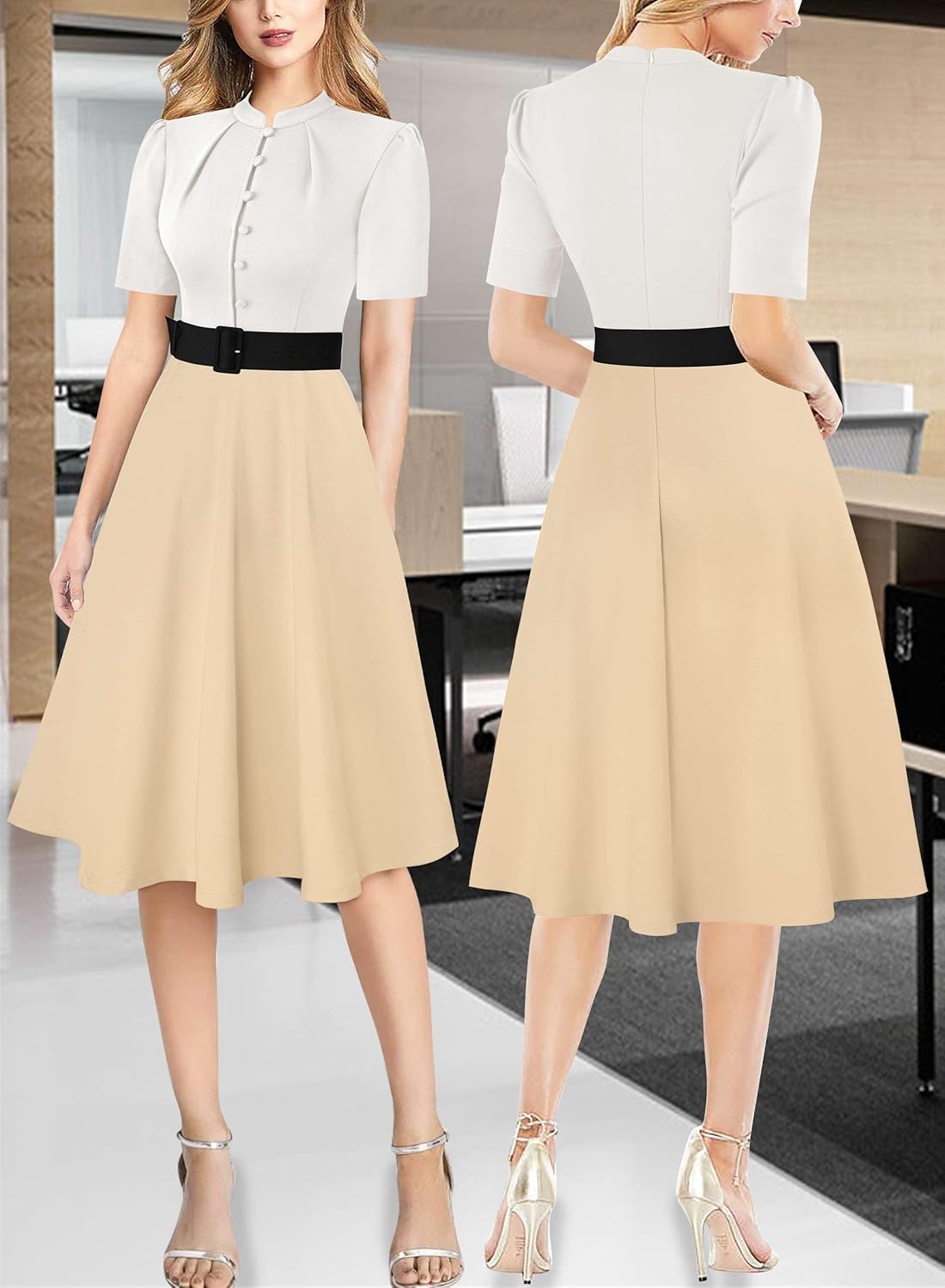 VFSHOW Womens 2025 Summer Work Business Dresses Pockets Belted Buttons Office Slimming Midi Colorblock Fit and Flare A-Line Dress (Off White and Beige, X-Large) 11788 APT XL