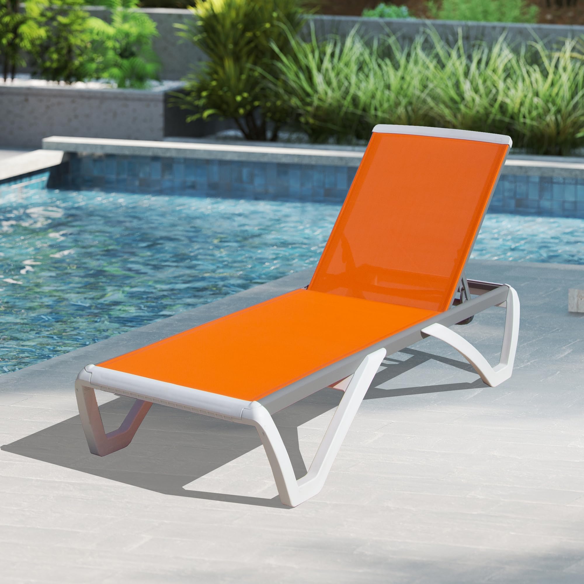 Domi Outdoor Lounge Chair, Aluminum Patio Chaise Lounge with 5 Position Adjustable Backrest and Wheels, All Weather Reclining Chair for Patio, Yard, Balcony, Poolside (Orange)