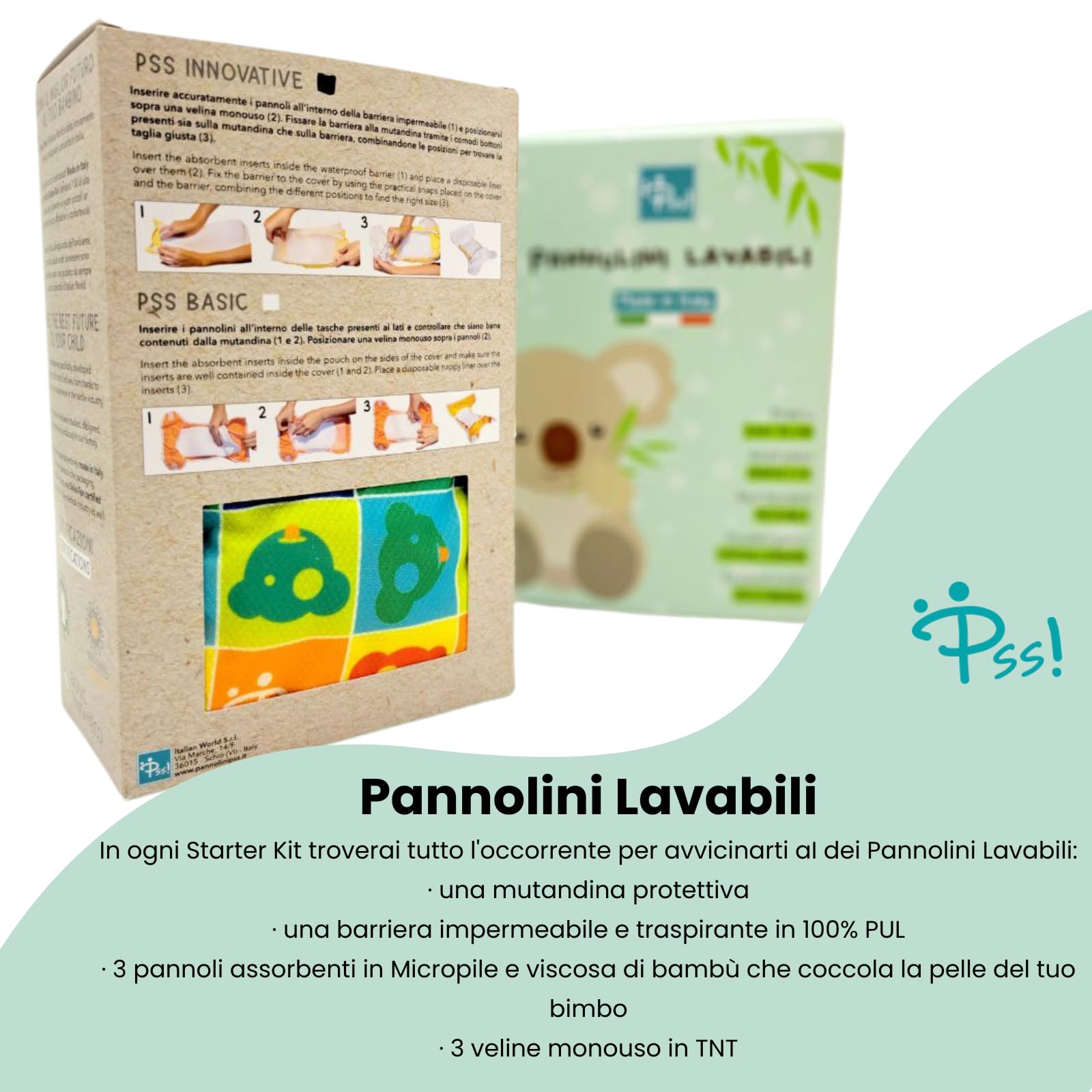 Pss! Pañal reutilizable de tela ajustable con botones para bebés de 0 a 3 años - 4 compresas y 2 barreras de retención - Impermeable y cómodo - 1 unidad - Modelo Glam - Koala