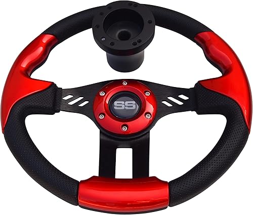 Huskey Trooper - Volante de carrito de golf rojo de 12.5 pulgadas de diámetro exterior con agarre cómodo + adaptador de cubo DS Club Car color negro