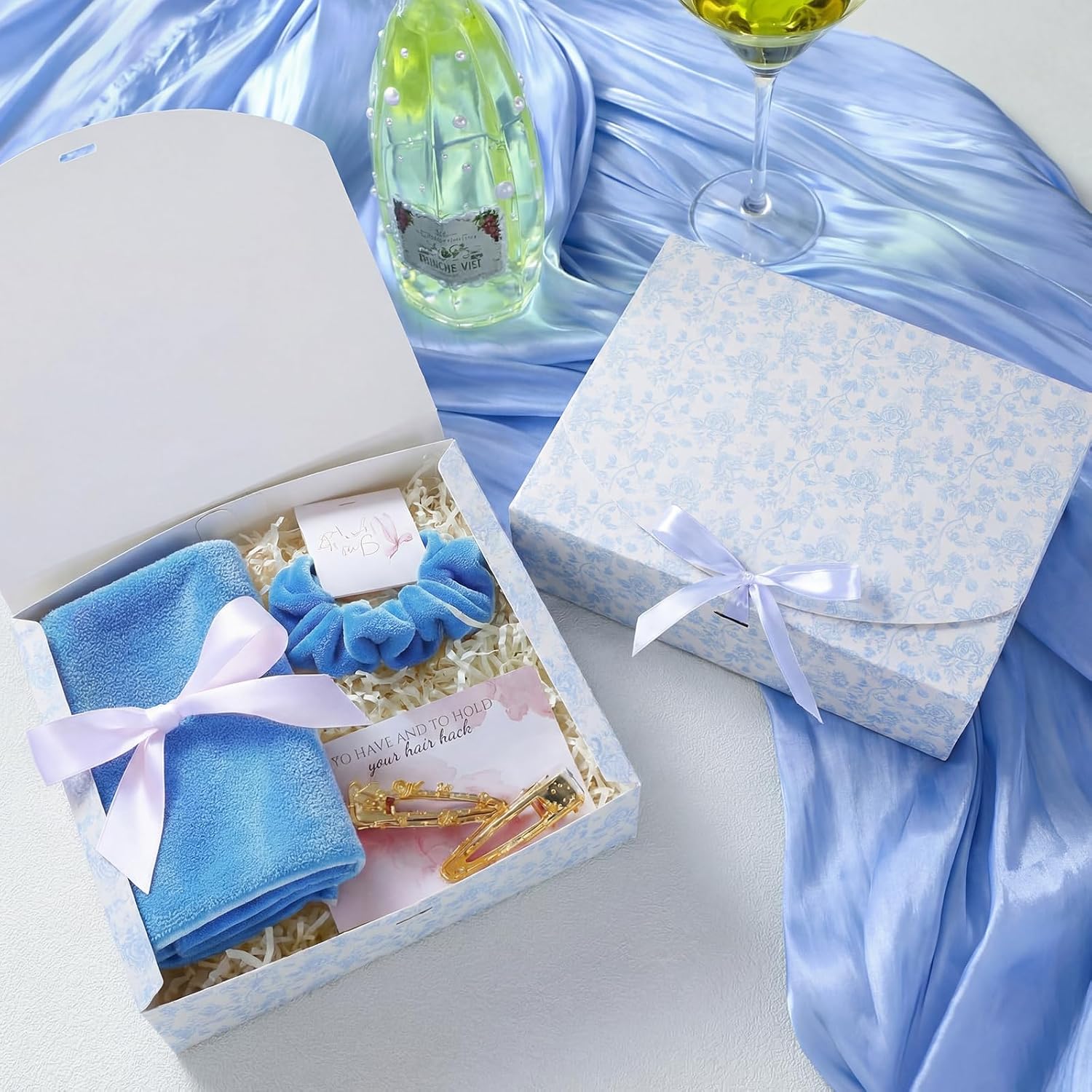 Kolldenn 8 Pack Blue Floral Bridesmaid Proposal Gift Boxes with Ribbon Lids 7.87x10.6x3.2In Toile Flower Empty Paper Box for Wedding Bridal Baby Shower Present Packaging Supplies Birthday Party Favor