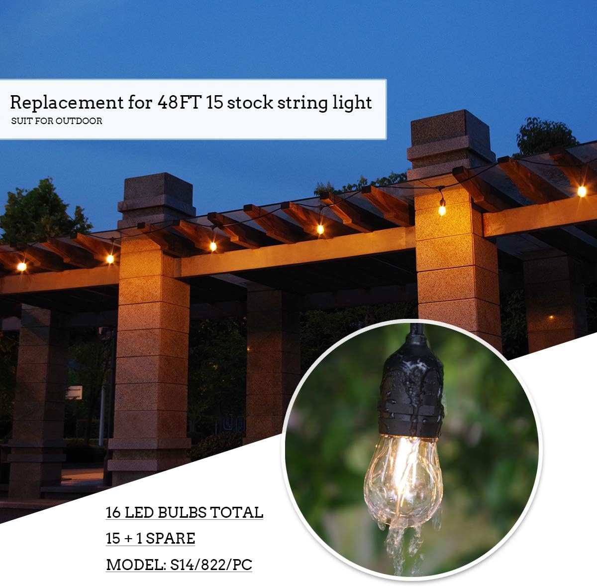 Jslinter S14 1W Outdoor String Lights Bulbs LED, Shatterproof & Waterproof, 2200K Warm White, 11W Equivalent, E26 Base, Edison Vintage Style Replacement for Patio Garden, 16-Pack