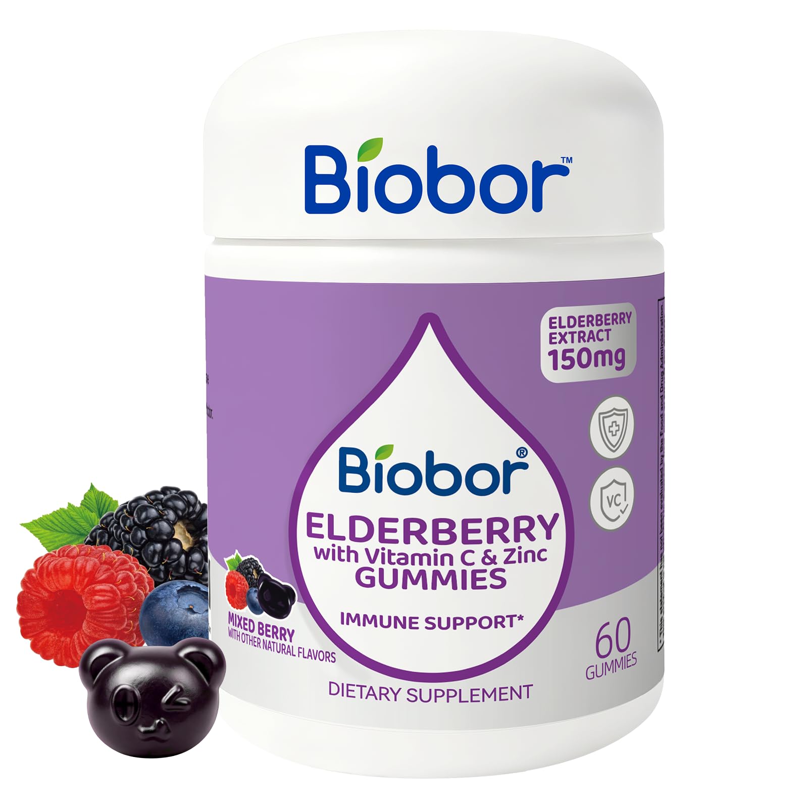 Biobor Suplemento de Sabugueiro com Vitamina C e Zinco, 150 mg, 60 gomas