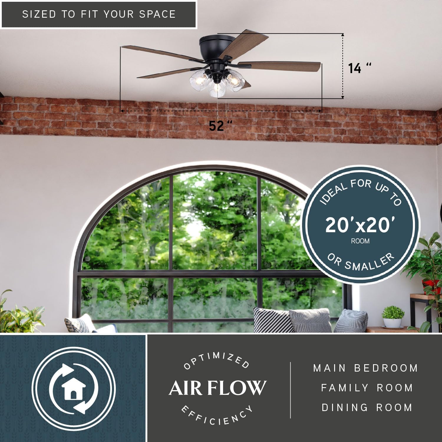 VAXCEL Brayton 52 in. Black Indoor Low Profile Flush Mount Transitional Ceiling Fan with Reversible Black-Dark Oak Blades, LED 3-Light Kit and Pull Chain Included, 3 Speeds, Clear Seeded Glass Shade