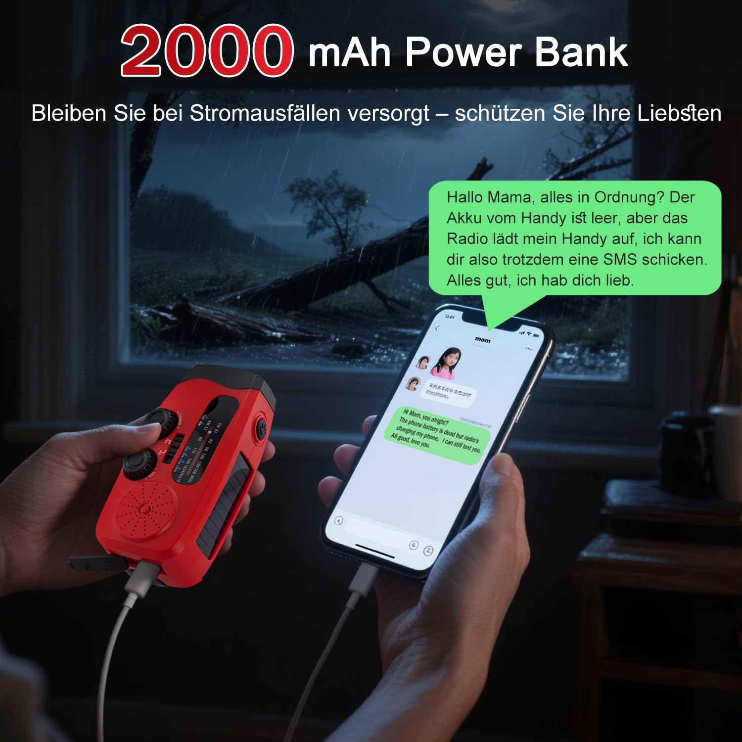 Kurbelradio, Notfall Ausrüstung Solar Radio Emergency, Notfallradio mit kurbel 2000mAh Power Bank mit LED Taschenlampe, AM/FM Solarradio batteriebetrieben mit SOS Alarm für Survival, Ourdoor, Camping