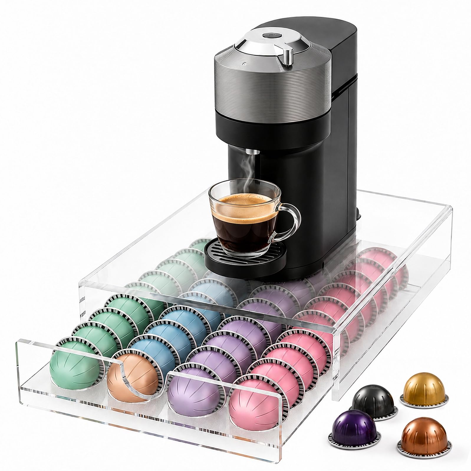 Soporte acrílico para cápsulas de café, 40 soportes transparentes para cápsulas Nespresso Vertuo, dispensador de cajones de cápsulas que ahorra espacio, soporte para máquina de café para