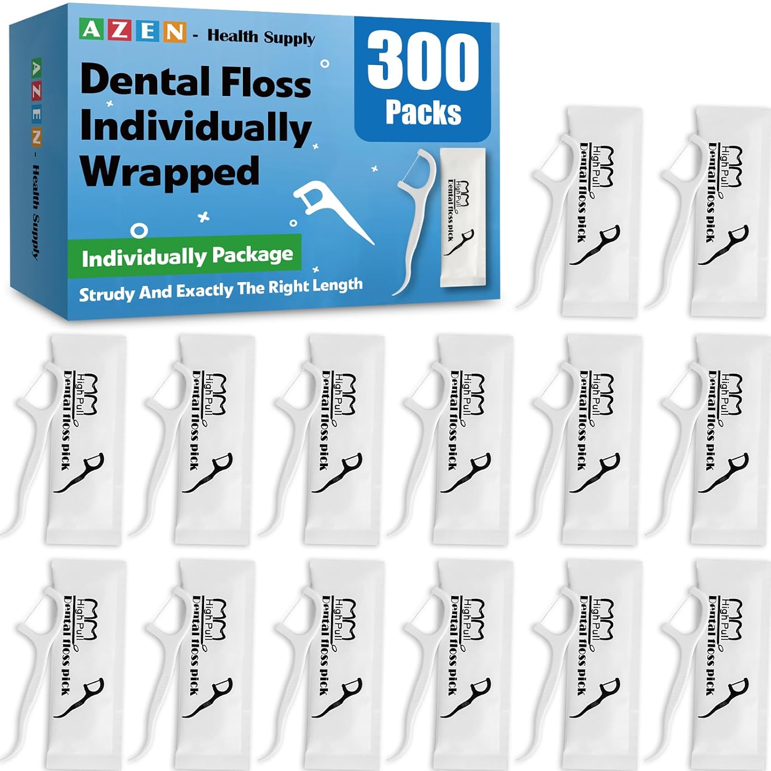 AZEN 300 Count Dental Floss Bulk Individually Wrapped Floss Picks Toothpicks Flossers for Adults Ideal Travel Flossers for